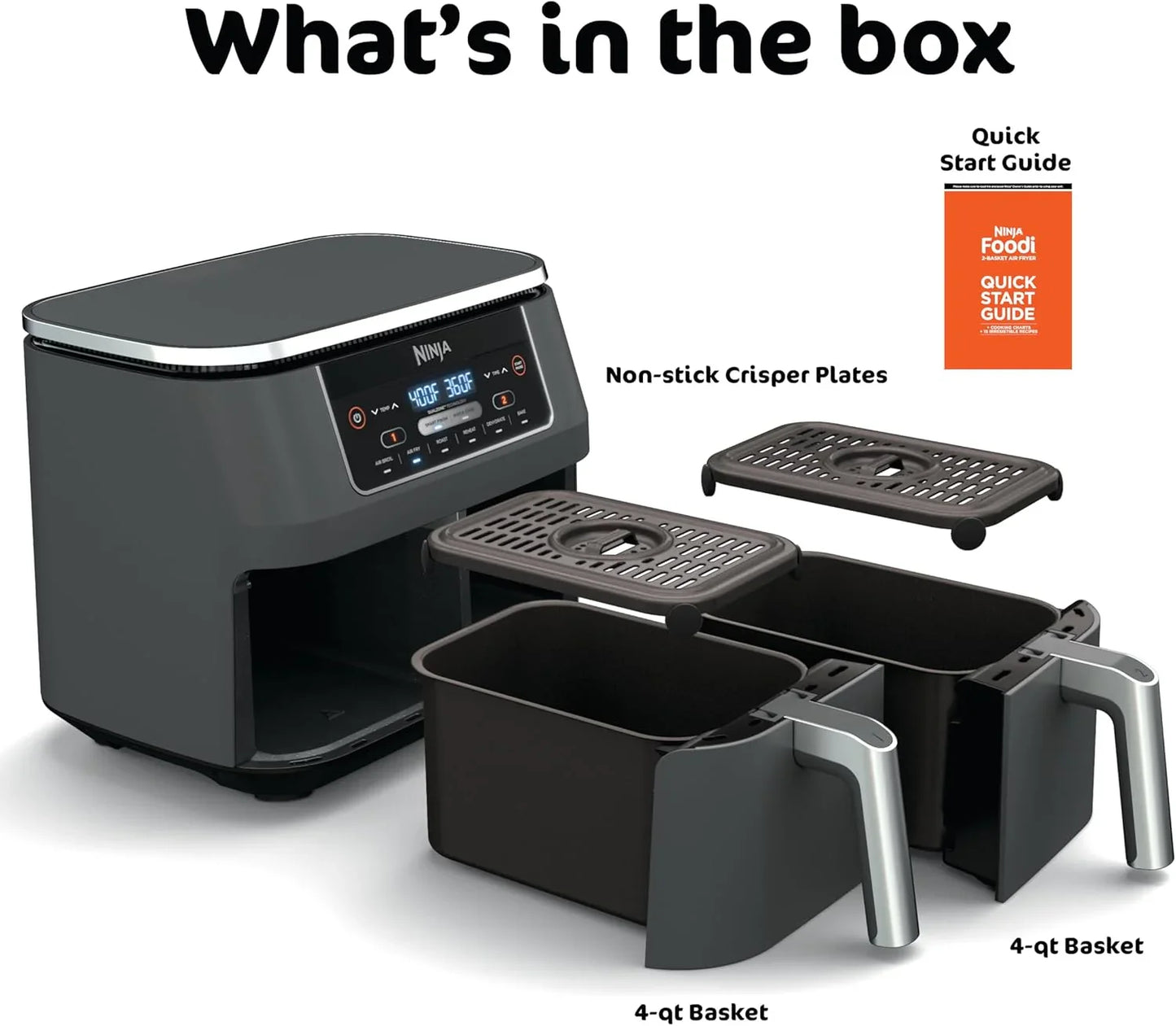 DZ201 Foodi 8 Quart 6-In-1 Dualzone 2-Basket Air Fryer with 2 Independent Frying Baskets, Match Cook & Smart Finish to Roast, Broil, Dehydrate & More for Quick, Easy Meals, Grey
