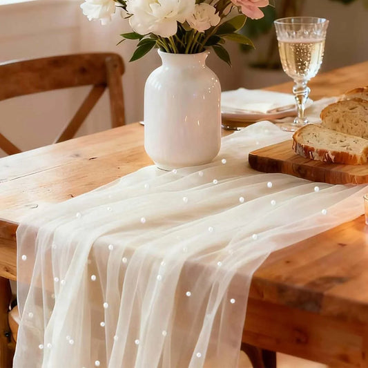 Beige Pearl Table Runner 10Ft, Boho Rustic Tulle Lace Table Runner 30X120 Inch for Wedding Decor Birthday Party Dining Table Cover, Champagne