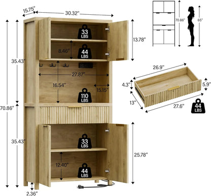 71" Fluted Pantry Cabinet with Charging Station & Adjustable Shelves, Spacious Kitchen Storage Cabinet with Open Countertop & Drawer for Dining Room, Living Room, Natrual
