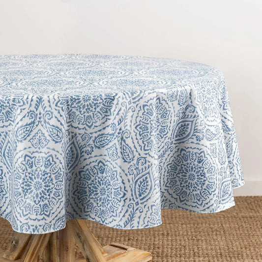 Home Fashions Savannah Boho Paisley Water- and Stain-Resistant Vinyl Tablecloth with Flannel Backing, 70 Inches X 70 Inches, Round, Blue
