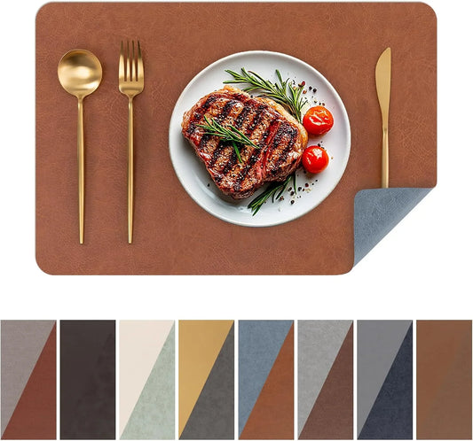 Faux Cowhide Leather Placemats Set of 6, Wipeable Heat Resistant Table Mats, Stain Resistant Double Sided Reversible PU Place Mats for Dining Table Kitchen Restaurants, Brown and Blue