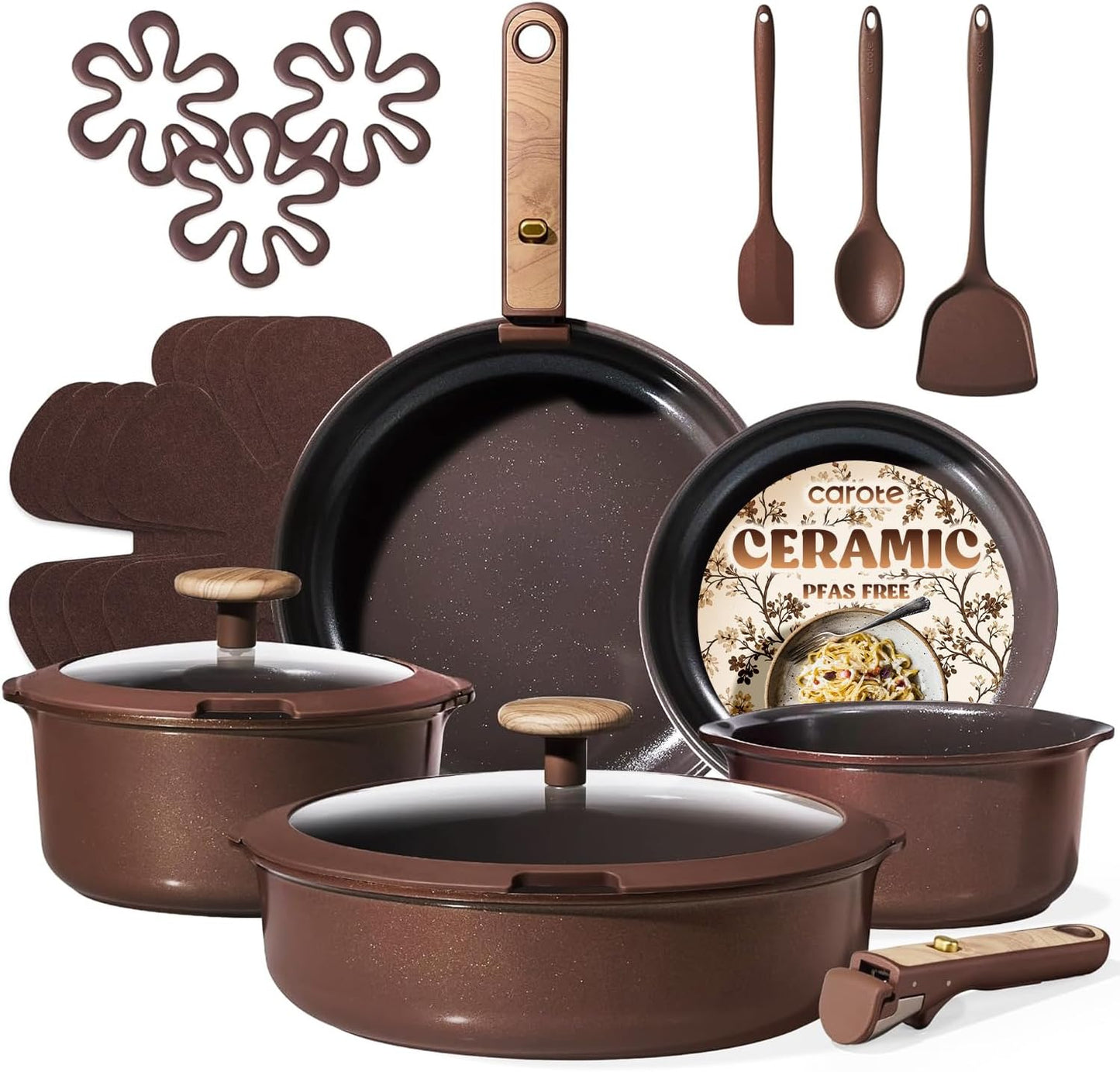 19PCS Ceramic Nonstick Cookware Set, Pots and Pans Set with Detachable Handle, Pfas-Free Non-Toxic, Induction & Oven Safe, Stackable Space-Saving, Dark Choco