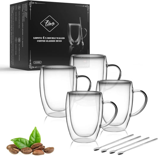 4 Pack Double Walled Coffee Cups Glasses Mugs 12Oz, Espresso Cappuccino Latte Tea Cups with Handle, Heat Resistant Borosilicate Clear Glasses 350Ml
