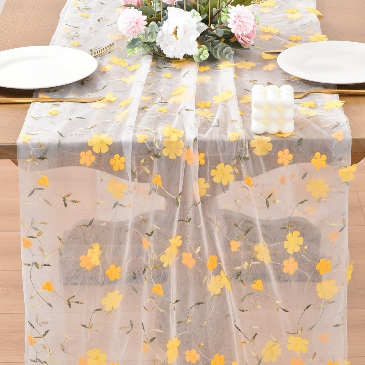 Yellow Embroidery Floral Easter Table Runner 10FT Seasonal Rustic Tulle Table Runner for Spring Summer Wedding Party Decoration Baby Shower DIY Craft