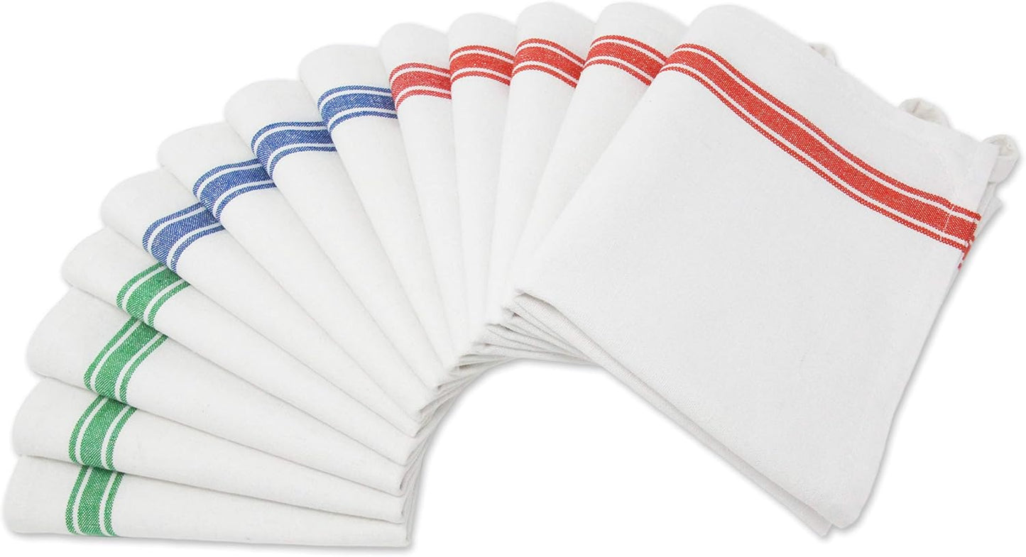 Dish Towels Set (13 Pack) for Kitchen Decor Super Absorbent 100% Natural Cotton Zero-Lint - 25.5 X 15.5 Inch (13-Pack Red, Green & Blue Stripes)