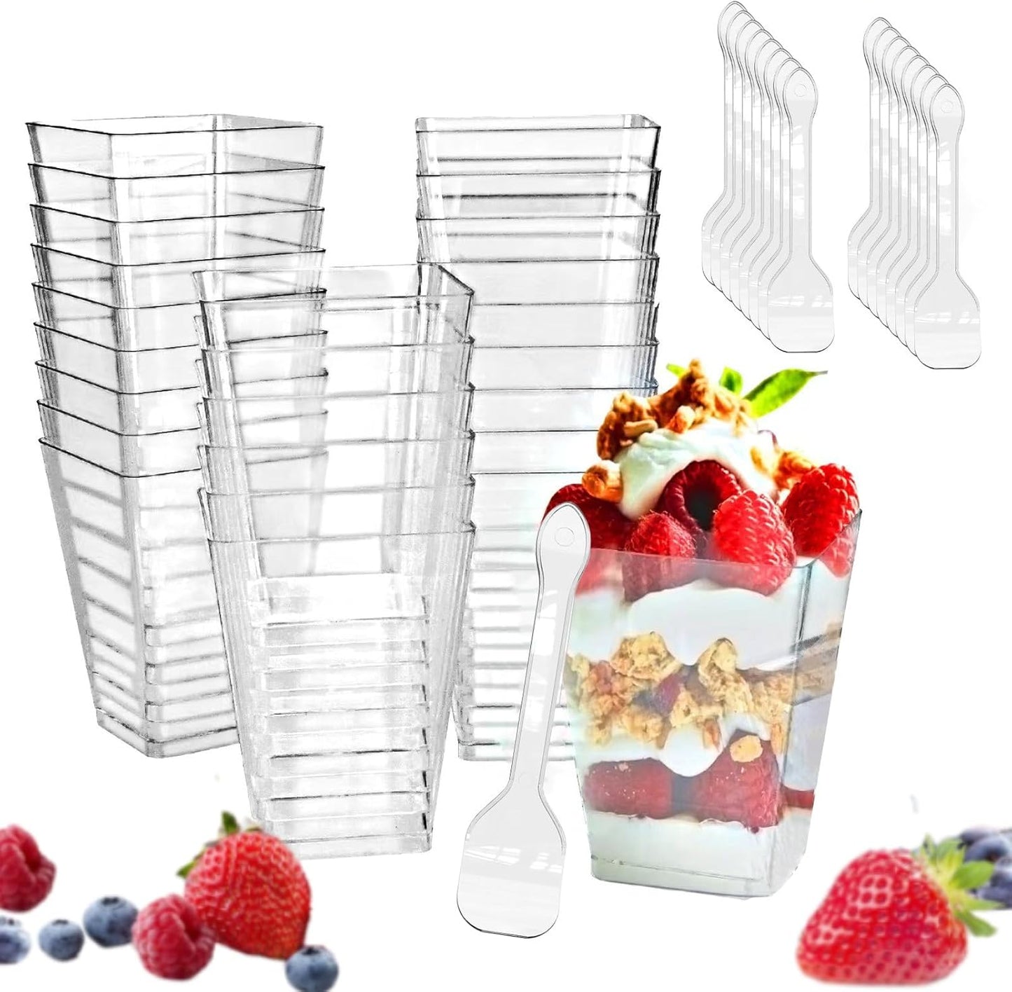 5-Ounce Transparent Square Dessert Cups (50 Dessert Cups+50 Spoons)