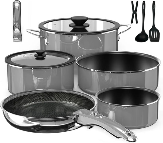Pro  Ceramic Pots and Pans Set & 2026 Upgraded Hybrid 3-Ply Stainless Steel Frypan, 2X Non Stick, High Heat Sear, PFAS PTFE PFOA Free Non Toxic Induction Cookware,Removable Handle,Oven Safe,12Pc