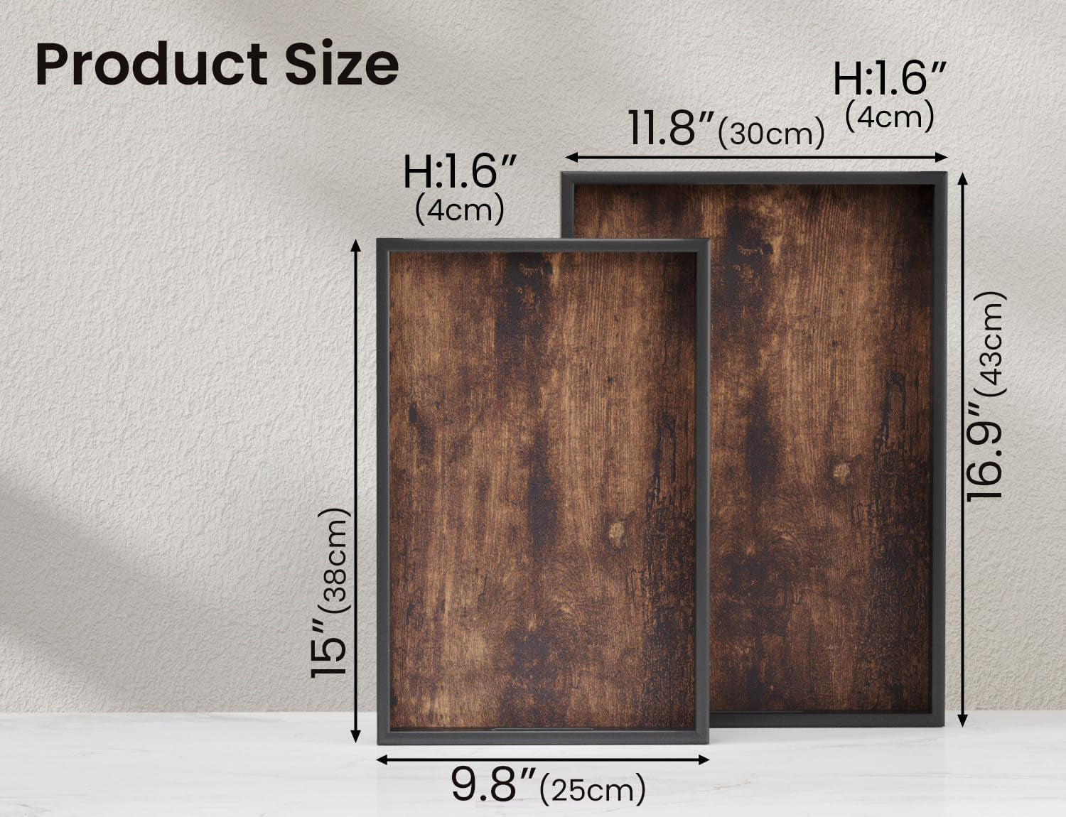 Set of 2 Wooden Serving Tray with Handles,Decorative Trays Platter,Breakfast Tray in Bed,Large Coffee Table Tray，Food Drinks Trays for Eating,Working,Storing