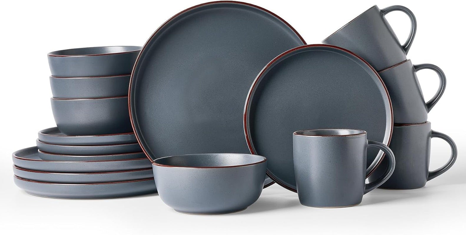 Mercury Dinnerware Sets with Mugs, Service for 4 (16 Pieces), Plates and Bowls Sets, Microwave and Dishwasher Safe Dishes Set, Charcoal