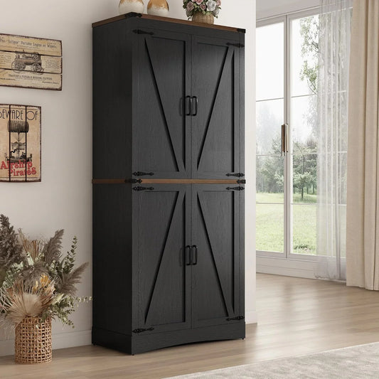 71" Tall Kitchen Pantry,Farmhouse Storage Cabinet with Adjustable Shelves,Load-Bearing Steel Pipe,Farmhouse Pantry Cabinet with 4 Barn Doors,For Kitchen,Dining Room,Living Room(Black)