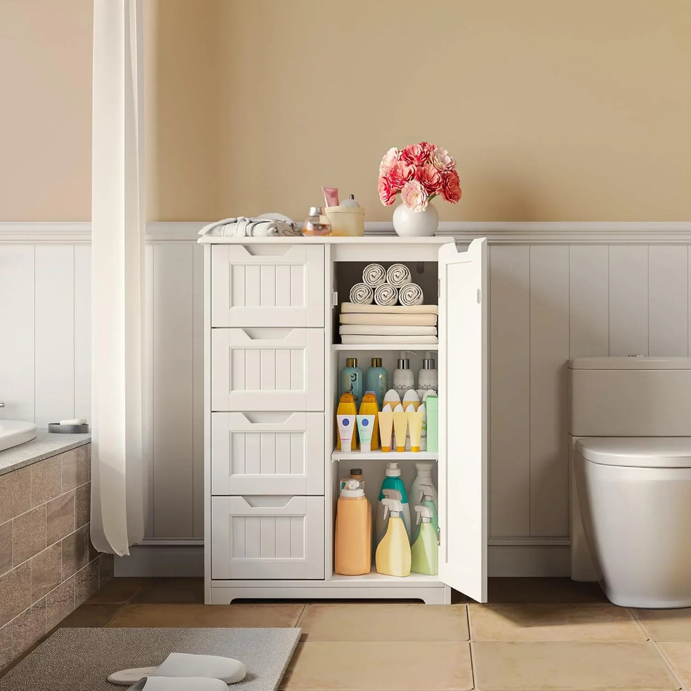 Small Pantry with Door and Shelves, 33'' Kitchen Pantry Storage Cabinet Freestanding Wooden Bathroom Storage Cabinet with 4 Drawers for Kitchen and Dining Room, White