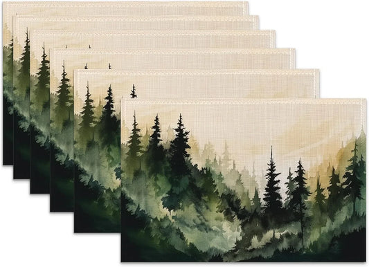 Mountain Linen Placemats Set of 6,12X18 Inch Forest Watercolor Tree Washable Table Mats Heat Resistant Place Mats for Home Party Kitchen Dining Decoration