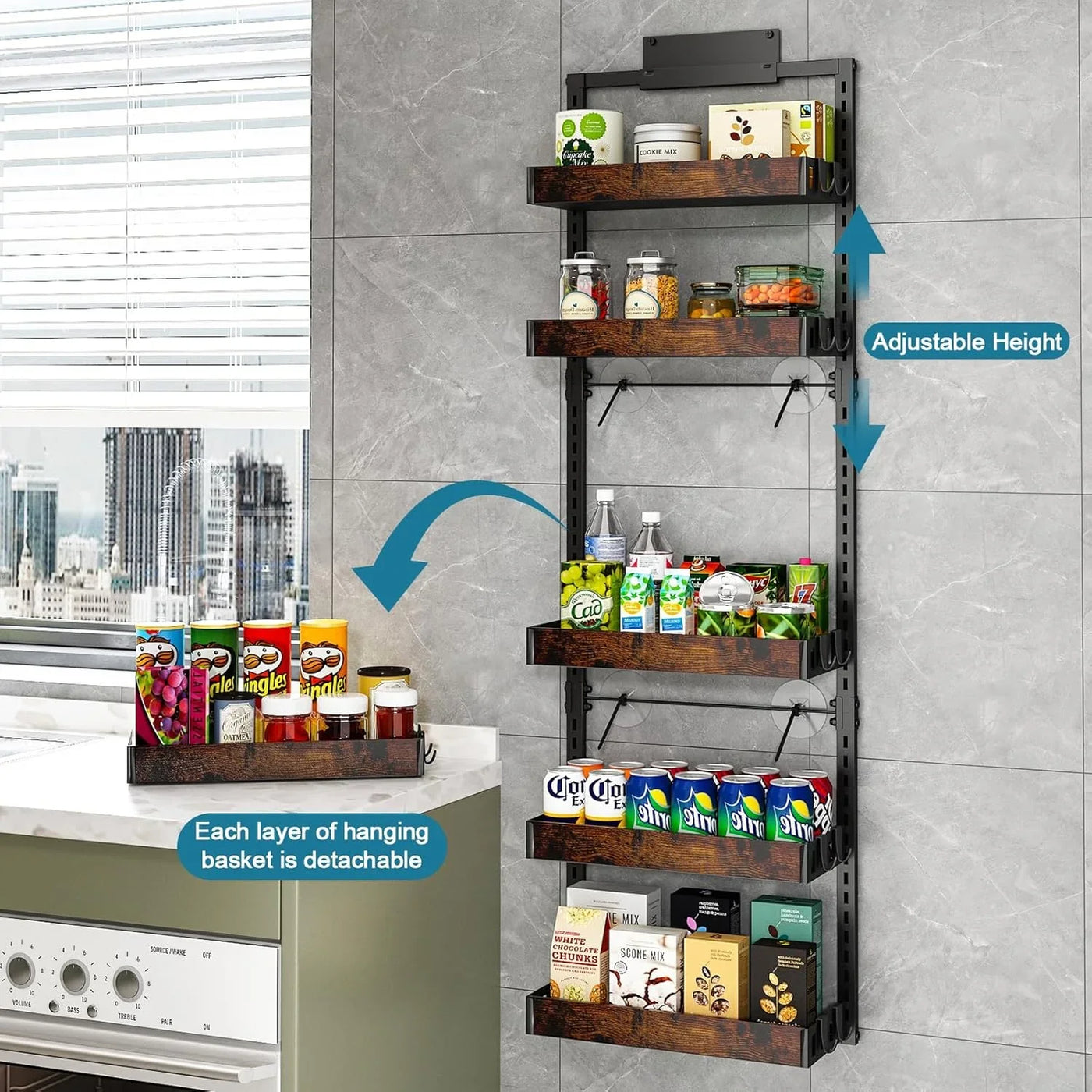 over the Door Pantry Organizer, 6-Tier Adjustable Wooden Basket Kitchen Pantry Door Organization and Storage, Heavy-Duty Metal Hanging Kitchen Spice Rack, D6.3 X W17.71 X H50.60 Inch, 1 Pack