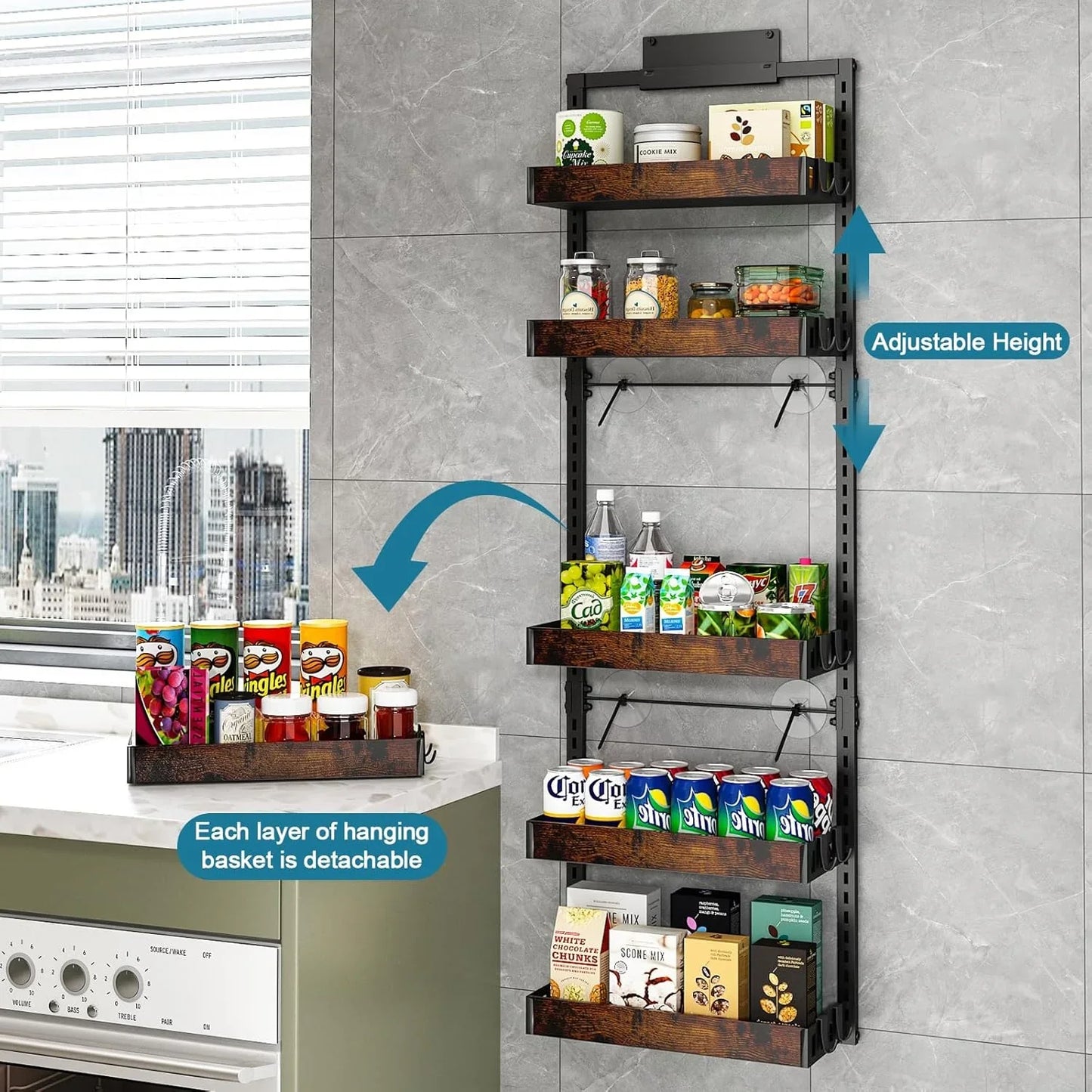 over the Door Pantry Organizer, 6-Tier Adjustable Wooden Basket Kitchen Pantry Door Organization and Storage, Heavy-Duty Metal Hanging Kitchen Spice Rack, D6.3 X W17.71 X H50.60 Inch, 1 Pack