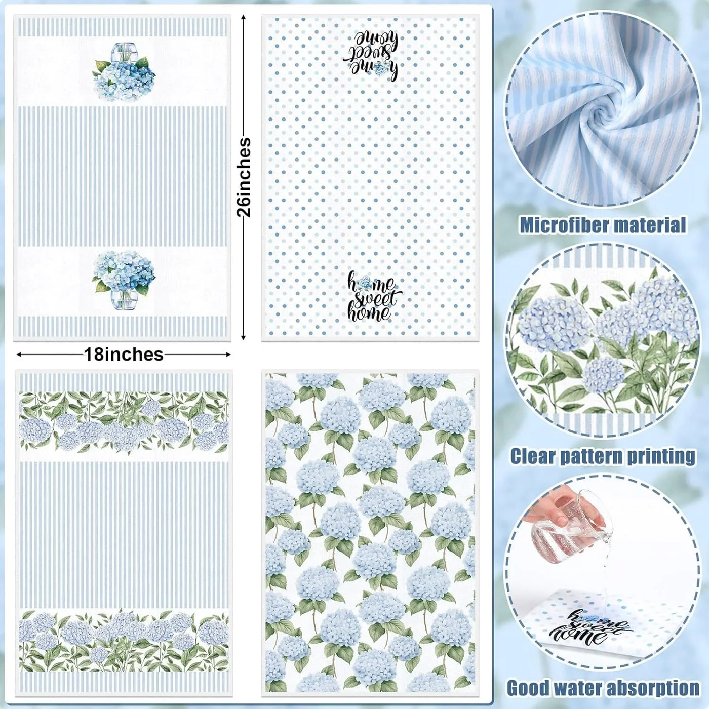 4 Pack Blue Hydrangea Kitchen Hand Towels Farmhouse Blue Hydrangea Decor, 18X26 Inch Summer Flowers Decorative Spring Floral Tea Dish Towels for Kitchen Bathroom