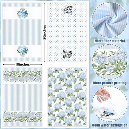4 Pack Blue Hydrangea Kitchen Hand Towels Farmhouse Blue Hydrangea Decor, 18X26 Inch Summer Flowers Decorative Spring Floral Tea Dish Towels for Kitchen Bathroom