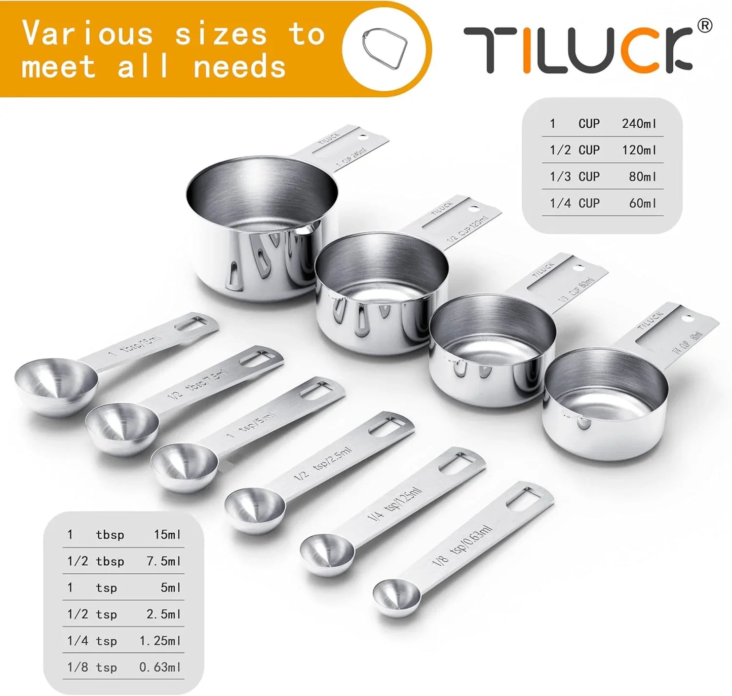 Stainless Steel Measuring Cups & Spoons Set, Cups and Spoons,Kitchen Gadgets for Cooking & Baking (10)