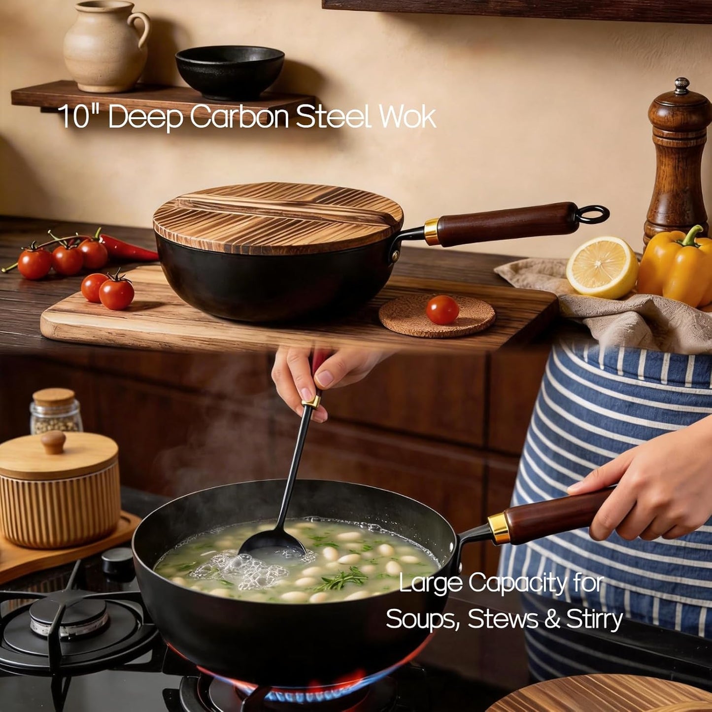 10" Pre-Seasoned Carbon Steel Wok - Fast, Even Heating, Electric & Induction - Durable Commercial-Grade - Ready-To-Use, Easy Maintenance - Toxin-Free Cooking - Japanese Style Deep Wok