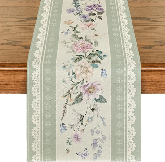 Green Printed Lace Floral 210 GSM Spring Table Runner, Seasonal Summer Kitchen Dining Table Decoration for Home Party Decor 13X72 Inch