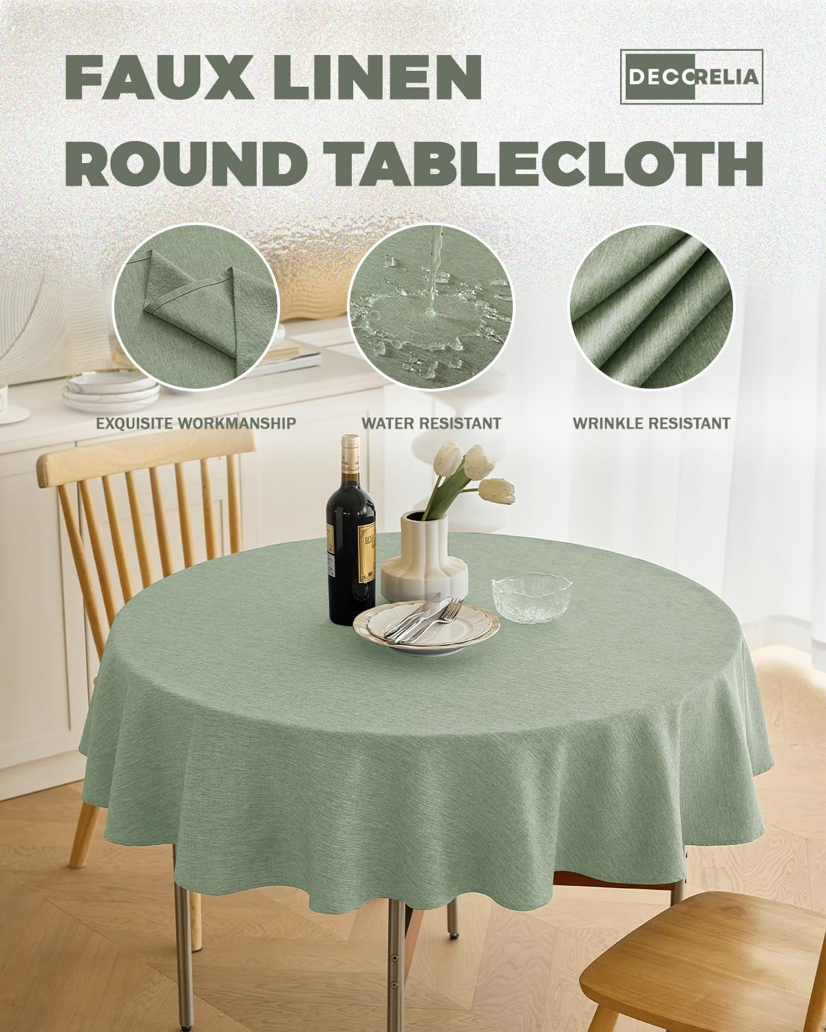 Faux Linen round Tablecloths 60 Inch, Waterproof Decorative Washable Texture Rustic Circle Table Cloth Cover for Dining Kitchen Party Farmhouse Outdoor(Round (2-4 Seats),Sage Green)