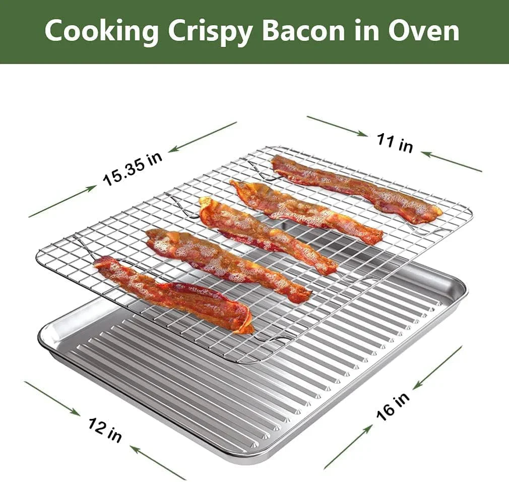 Baking Sheet with Rack Set (2 Pans + 2 Racks), Stainless Steel Cookie Sheet with Cooling Rack, Nonstick Baking Pan, Warp Resistant & Heavy Duty & Rust Free, Size 16 X 12 X 1 Inches