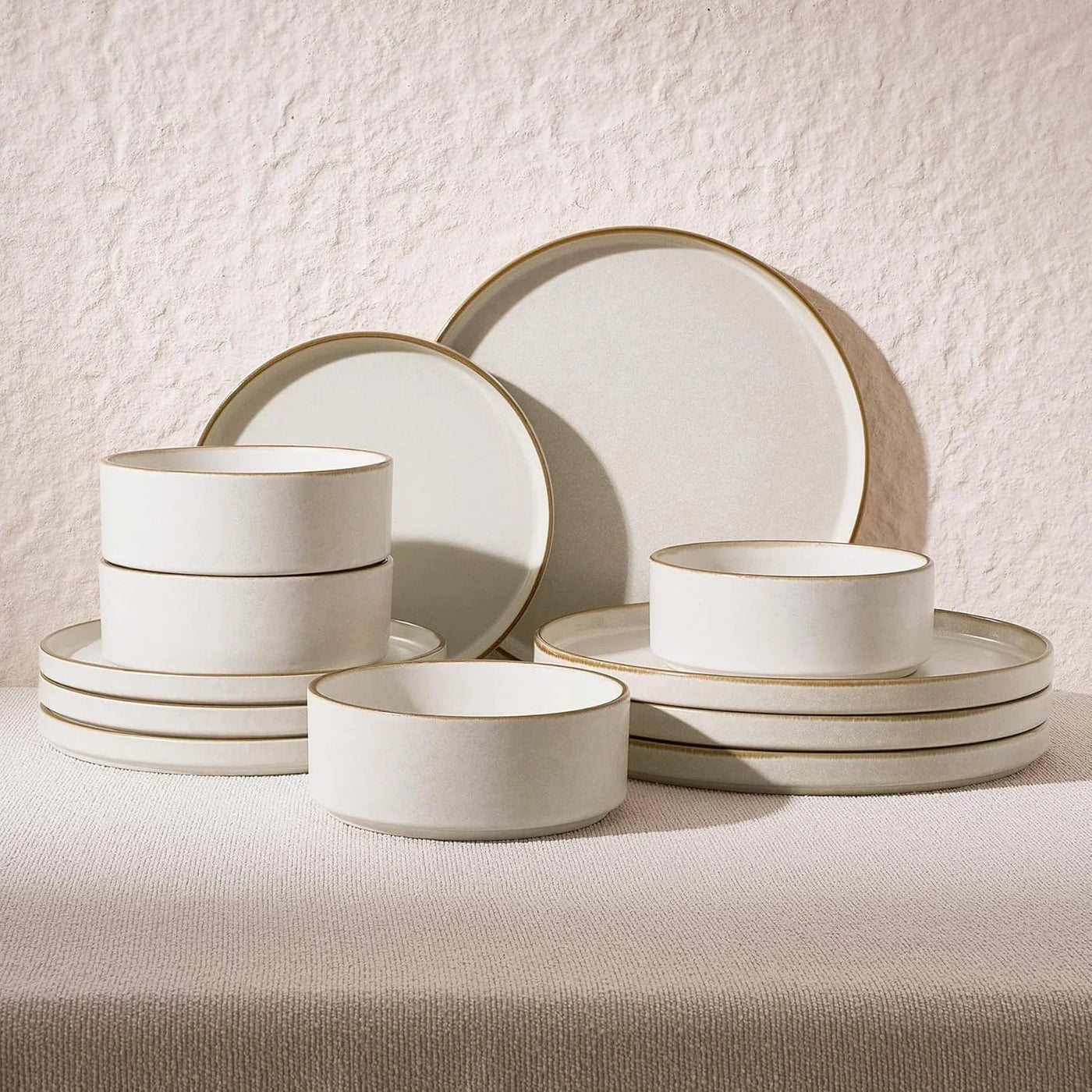 Nebula Plates and Bowls Sets, 12 Pieces Stoneware Dinnerware Sets, Reactive Glaze Dish Set, Dishes Set for 4, Matte Beige White with Brown Rim