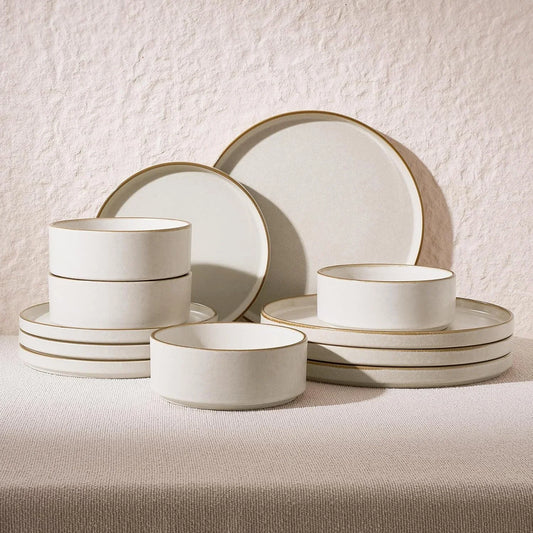 Nebula Plates and Bowls Sets, 12 Pieces Stoneware Dinnerware Sets, Reactive Glaze Dish Set, Dishes Set for 4, Matte Beige White with Brown Rim