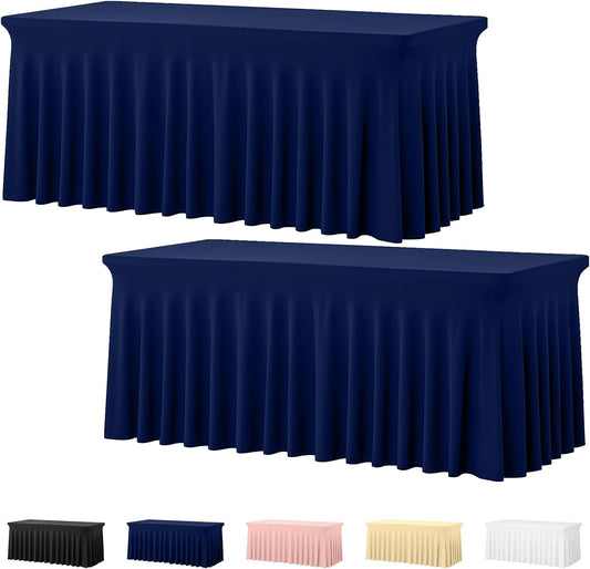 2 Pack Navy Blue Spandex Fitted Tableclothes for 6 Foot Rectangle Tables, Wrinkle Free 6FT Fitted Table Cover, Stretch Tablecloth Table Skirt for Party, Banquet, Wedding and Events