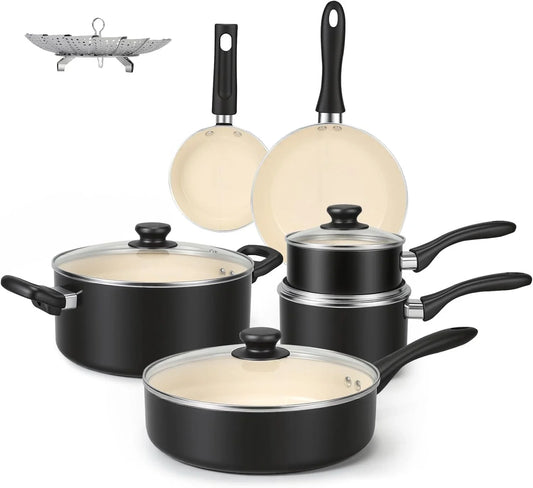 11-Piece Ceramic Non-Stick Pots and Pans Set, Dishwasher & Oven Safe, Easy Clean, Glass Lids, Black/Cream