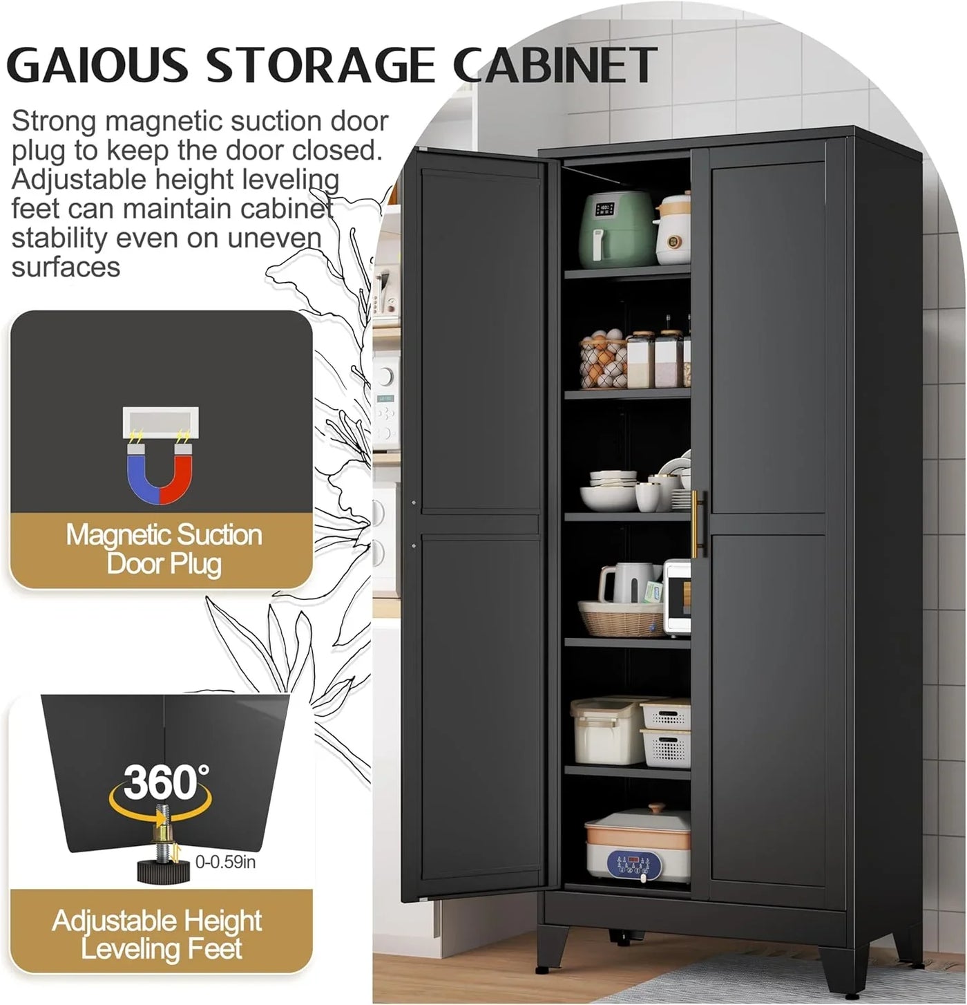 75.2" Tall Storage Cabinet, Pantry Storage Cabinets with 2 Door and 5 Adjustable Shelves, Black Kitchen Food Cabinet, Metal Utility Cabinets for Kitchen, Dinning Room, Laundry Room