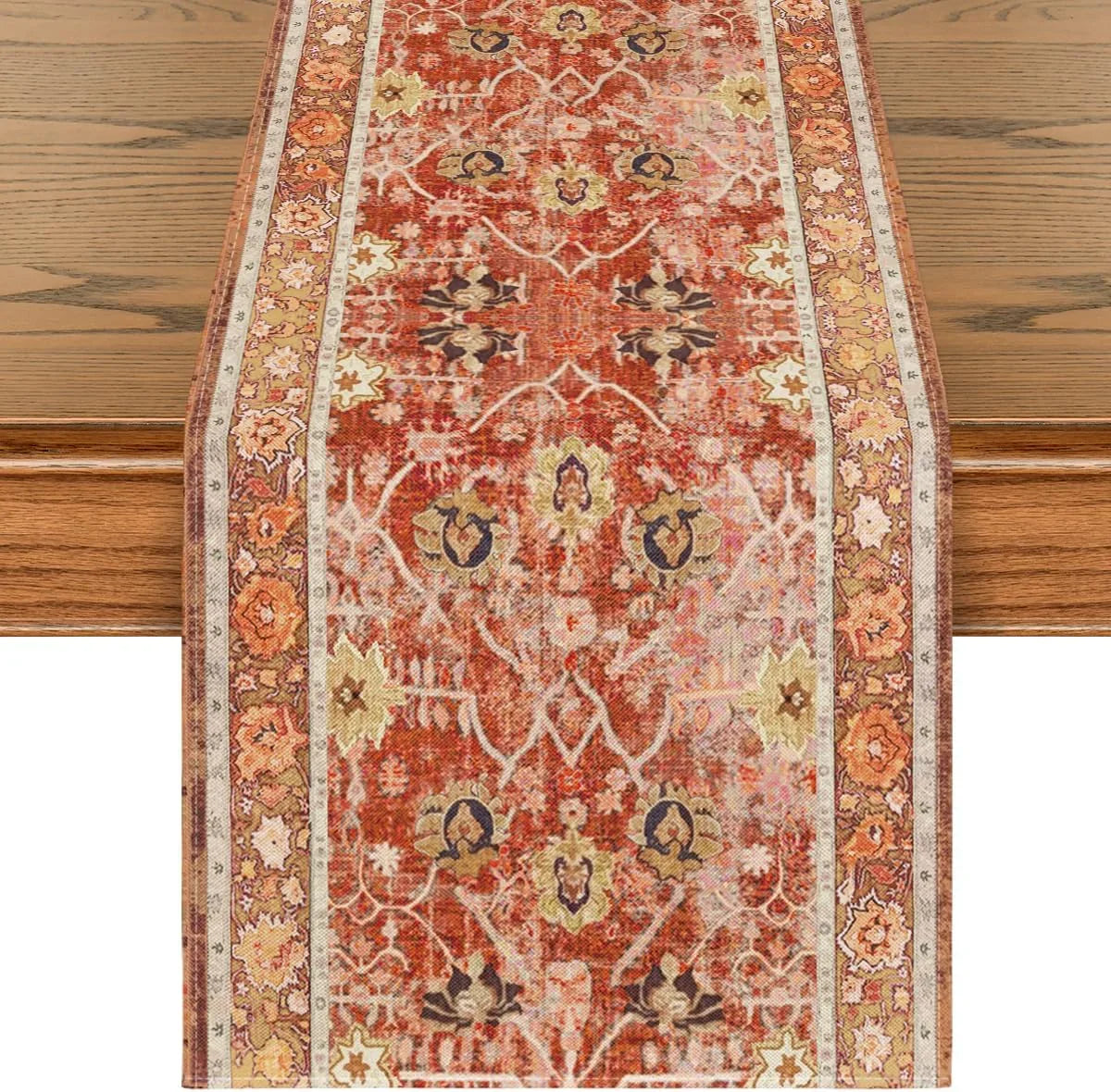 Boho Bohemia Style Red Orange Fall Table Runner, Country Rustic Farmhouse Magical Kitchen Dining Table Decoration for Home Party Decor 13X72 Inch