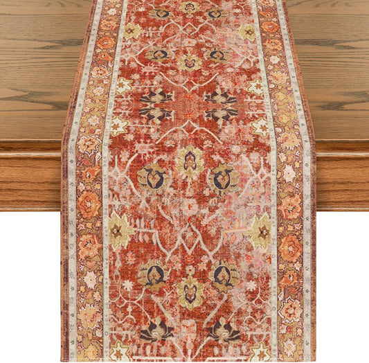 Boho Bohemia Style Red Orange Fall Table Runner, Country Rustic Farmhouse Magical Kitchen Dining Table Decoration for Home Party Decor 13X72 Inch