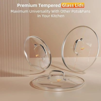 Premium tempered glass lids for pots and pans, 8” and 10” sizes, universal kitchen cookware accessories