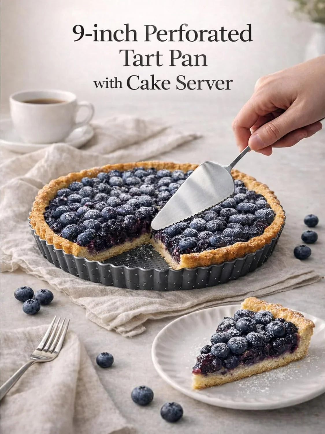 9 Inch Perforated Tart Pan for Crispy Crust W/Cake Server. Removable Bottom, Non-Stick Coating, Rugged Carbon Steel for Tart Quiche Pie Baking. Gift for Christmas Thanksgiving Party