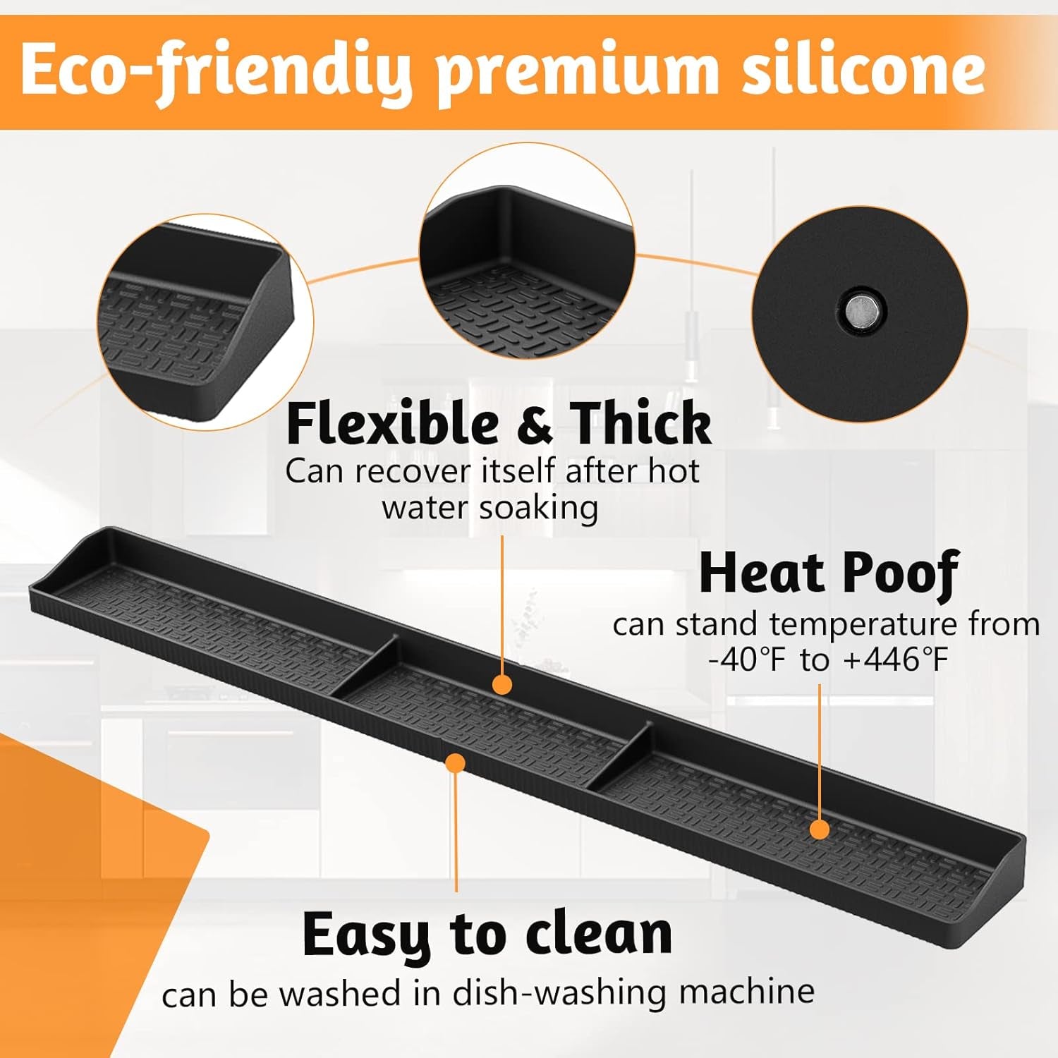 Magnetic Stove Top Shelf 30 Inch - Heat Resistant Silicone over the Stove Shelf Spice Rack Organizer - 3 Functional Partitions Kitchen Organization and Storage for Spices, Oils & Gadgets (Black)