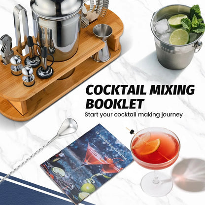 Cocktail Shaker Set Bartender Kit: 13-Pcs Bar Tools Set with Bamboo Stand, Essential Bar Accessories for Home: 25Oz Martini Shaker, Jigger, Bar Spoon, Professional Cocktails Kit for Drink Mixing |Gift