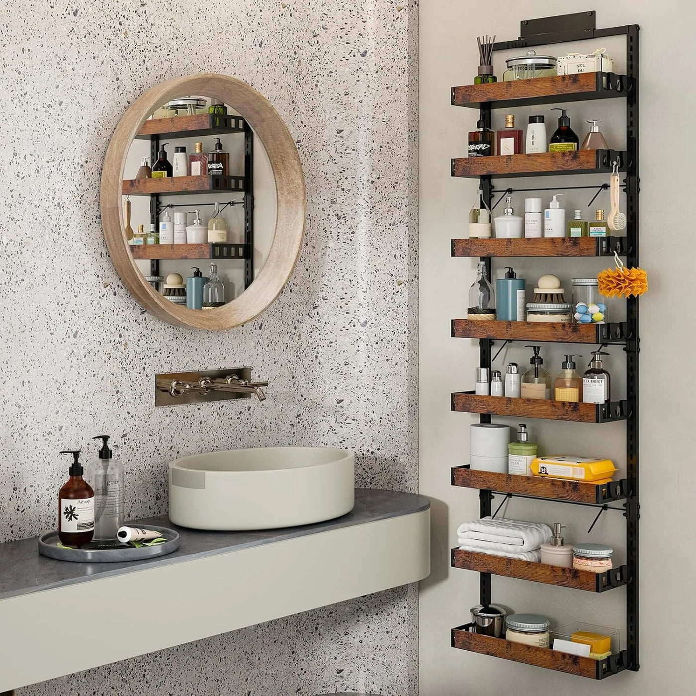 over the Door Pantry Organizer, 8-Tier Adjustable Wooden Basket Kitchen Pantry Door Organization and Storage, 2 in 1 Wall Mount or Hanging Heavy-Duty Metal Hanging Kitchen Spice Rack, 1 Pack