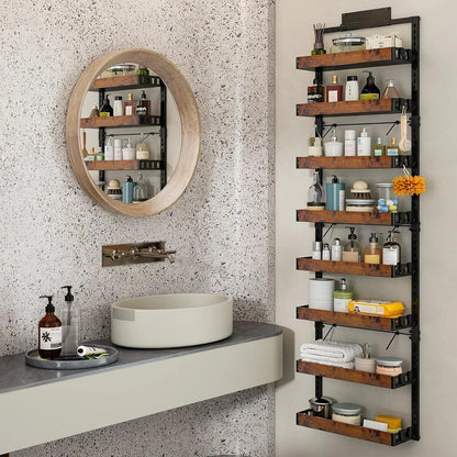 over the Door Pantry Organizer, 8-Tier Adjustable Wooden Basket Kitchen Pantry Door Organization and Storage, 2 in 1 Wall Mount or Hanging Heavy-Duty Metal Hanging Kitchen Spice Rack, 1 Pack