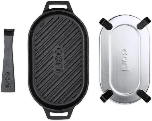Cast Iron Grizzler Pan - Grill Frying Pan, 12" X 6" Griddle Plate with Removable Handle and Stainless Steel Trivet, Pre-Seasoned Non-Stick Oven Safe Cookware, Pizza Oven and BBQ Accessories