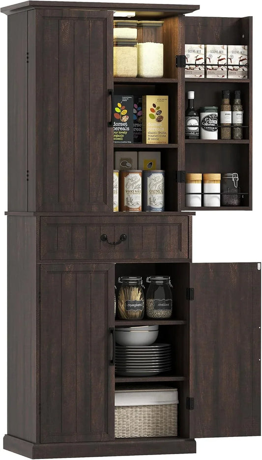 71" LED Kitchen Pantry Cabinet, Farmhouse Tall Freestanding Storage Cabinet with Door Shelves, Adjustable Shelves and Drawer for Kitchen and Dining Room, Distressed Brown
