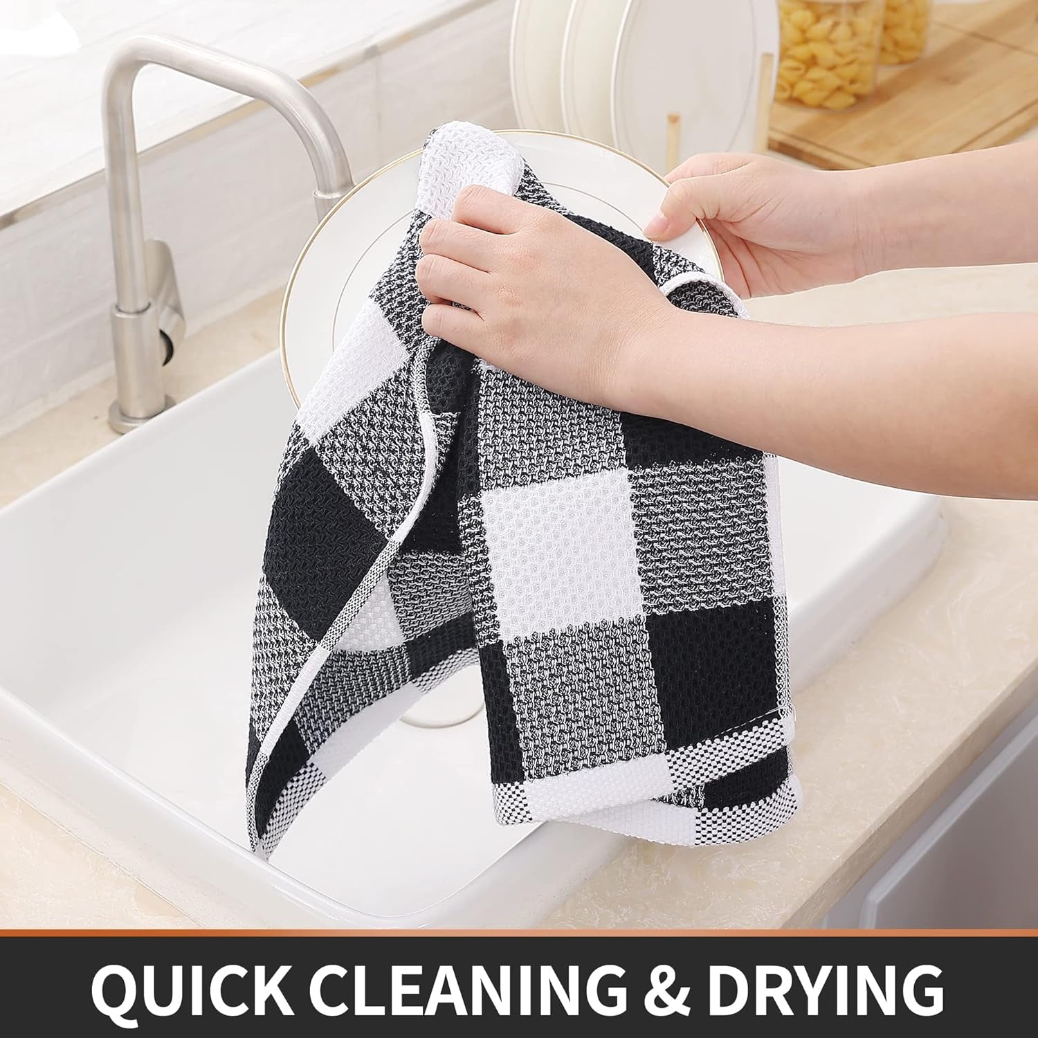 100% Cotton Waffle Weave Check Plaid Kitchen Towels, 13 X 28 Inches, Super Soft and Absorbent Dish Towels for Drying Dishes, 4-Pack, White & Black