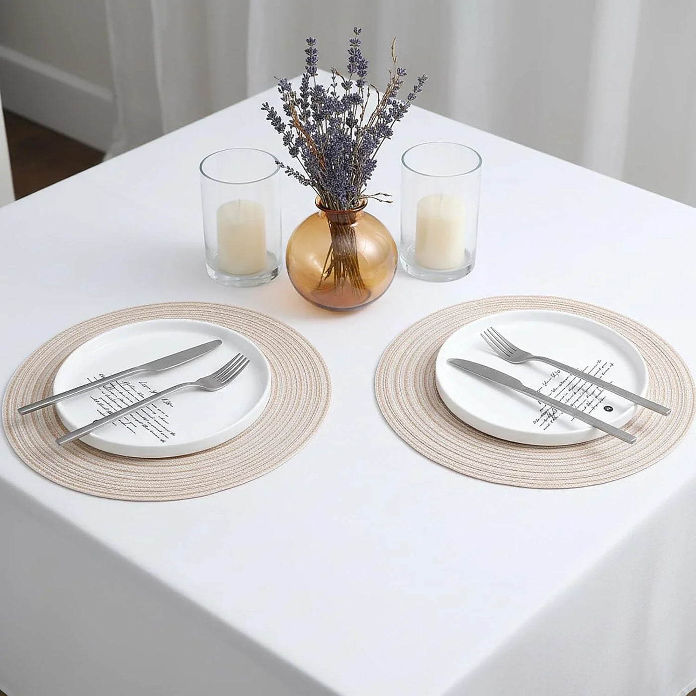 11.8In round Placemats Set of 4 Washable Boho Woven Circle Place Mats Plate Chargers Heat Resistant Non-Slip Braided Table Mat for Dining Tables Decor(Beige)