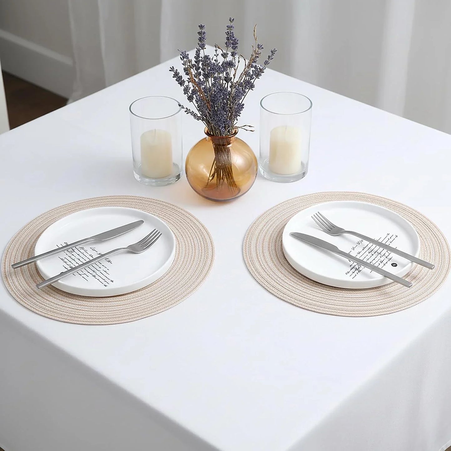 11.8In round Placemats Set of 4 Washable Boho Woven Circle Place Mats Plate Chargers Heat Resistant Non-Slip Braided Table Mat for Dining Tables Decor(Beige)
