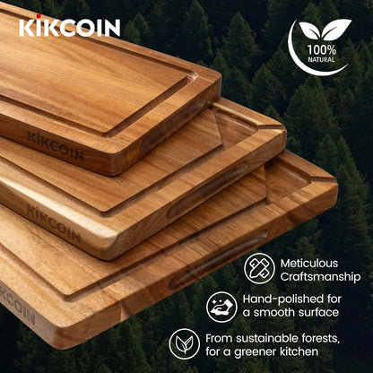 Wood Cutting Boards for Kitchen, 3 PCS Wooden Cutting Board Set with Holder, Chopping Board with Built-In Compartments and Juice Groove, Solid Charcuterie Board Serving Tray Wood Butcher Block