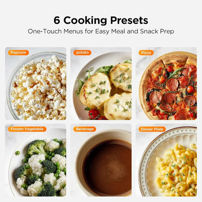 Microwave cooking presets for popcorn, potato, pizza, frozen vegetables, beverage, and dinner plate meals.