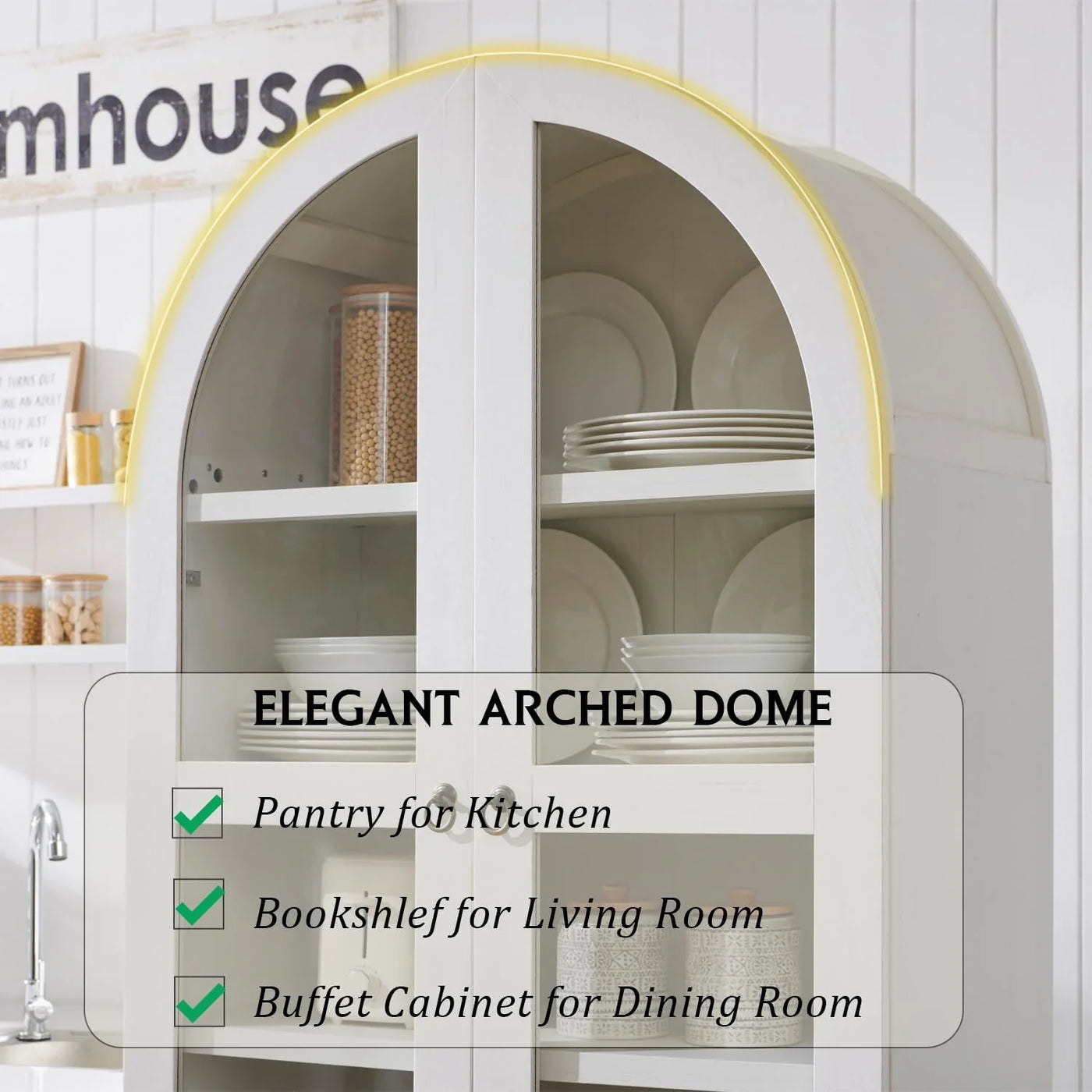 71" Tall Arched Kitchen Pantry Cabinet, Wood Kitchens Storage Cabinets with 2 Large Drawers and Adjustable Shelves, Modern Farmhouse Versatile Cupboard for Kitchen, Dining Room, Bathroom, White