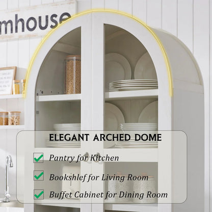 71" Tall Arched Kitchen Pantry Cabinet, Wood Kitchens Storage Cabinets with 2 Large Drawers and Adjustable Shelves, Modern Farmhouse Versatile Cupboard for Kitchen, Dining Room, Bathroom, White