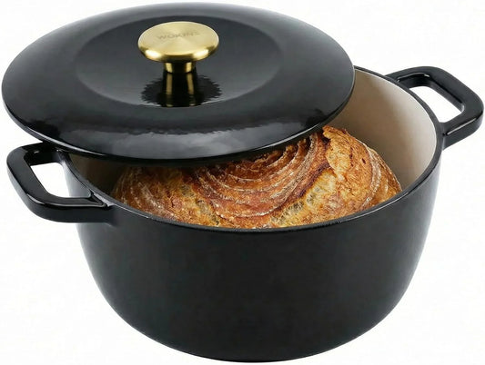 5QT Enamel Cast Iron Dutch Oven with Lid,Dual Handles,Versatile Heavy-Duty Non-Toxic Cookware for Sourdough Bread Baking,Braising,Stews,Roasting,Oven Safe up to 500°F Black