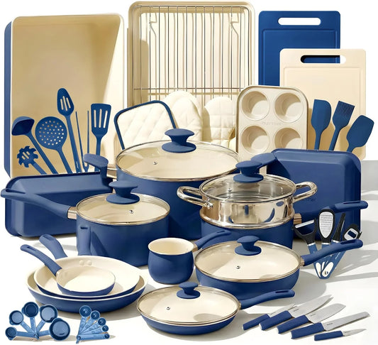 54 Piece Professional Grade Complete Home Kitchen Cookware Set, Ceramic Non-Stick Bakeware, Pot and Pans Kit, Cool-Touch Handles, Safe for Gas, Electric, Induction Cooktops, Easy Clean