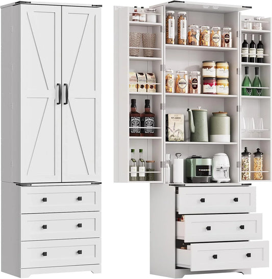 72'' Tall Kitchen Pantry Cabinet, Freestanding Tall Cupboard Storage Cabinet with 3 Drawers, Adjustable Shelves, Large Farmhouse Pantries for Living Room, Kitchen, White